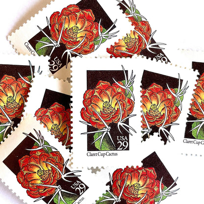 Image of 1992 American Wildflower Series “Claret Cup Cactus” vintage USPS mail stamps. Scott #2660. Stamp Themes: Plants, Flowers, Wildflowers, Flora. Red, Orange, Green, Multicolored gummed postage stamp. Perfect postage stamp to use for save the date announcements, wedding invitation postage, bridal shower invitations, birth announcements, valentine’s day, thank you cards, and snail mail.