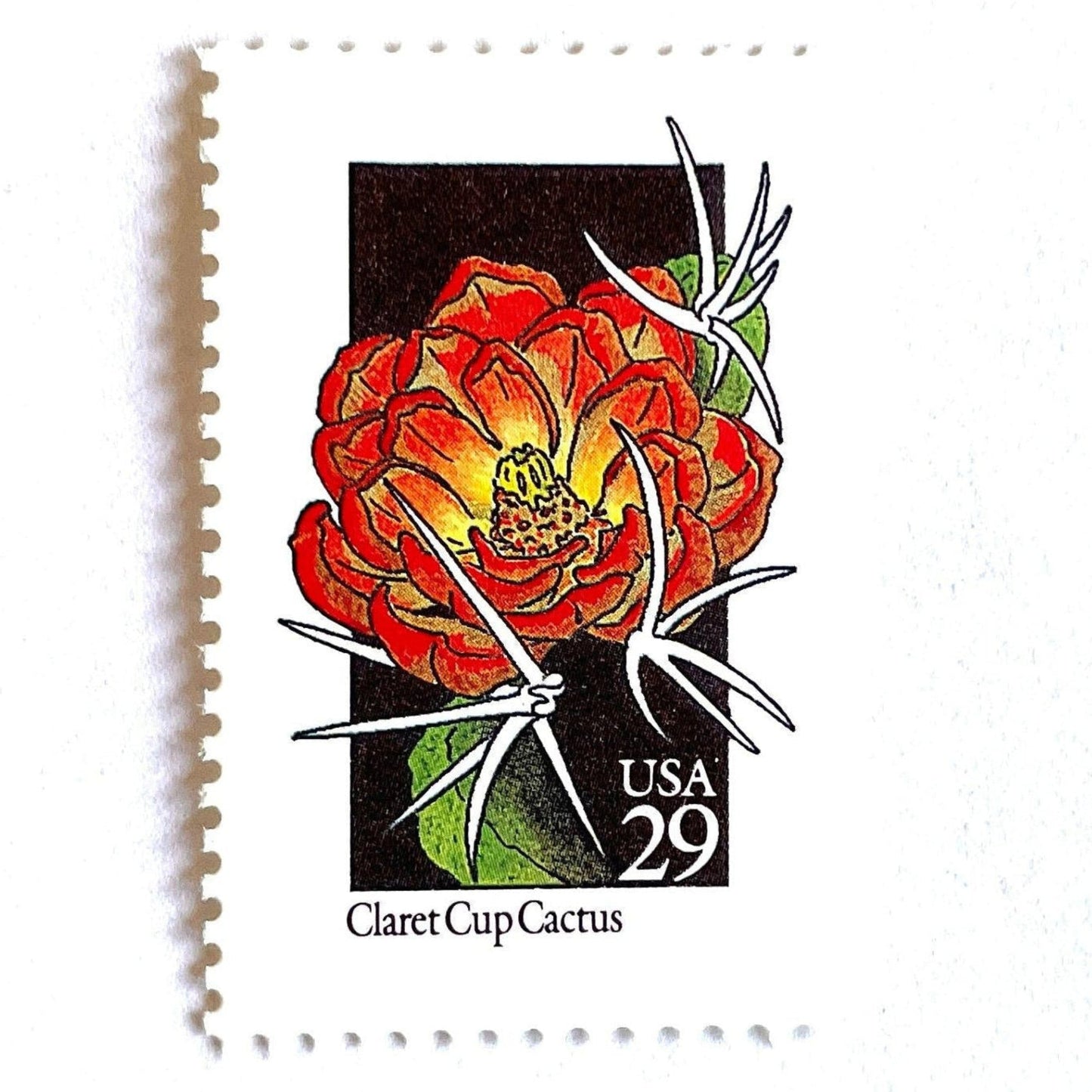Image of 1992 American Wildflower Series “Claret Cup Cactus” vintage USPS mail stamps. Scott #2660. Stamp Themes: Plants, Flowers, Wildflowers, Flora. Red, Orange, Green, Multicolored gummed postage stamp. Perfect postage stamp to use for save the date announcements, wedding invitation postage, bridal shower invitations, birth announcements, valentine’s day, thank you cards, and snail mail.