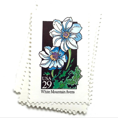 Image of 1992 American Wildflower Series “White Mountain Avens” vintage USPS mail stamps. Scott #2661. Stamp Themes: Plants, Flowers, Wildflowers, Flora. White, Blue, Green, Multicolored gummed postage stamp. Perfect postage stamp to use for save the date announcements, wedding invitation postage, bridal shower invitations, birth announcements, valentine’s day, thank you cards, and snail mail.