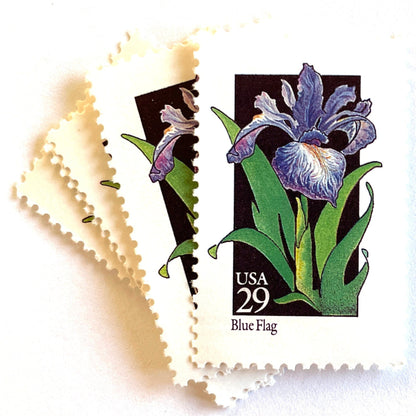 Image of 1992 American Wildflower Series “Blue Flag” vintage USPS mail stamps. Scott #2663. Stamp Themes: Plants, Flowers, Wildflowers, Flora. Purple, Green, Black, Multicolored gummed postage stamp. Perfect postage stamp to use for save the date announcements, wedding invitation postage, bridal shower invitations, birth announcements, valentine’s day, thank you cards, and snail mail.