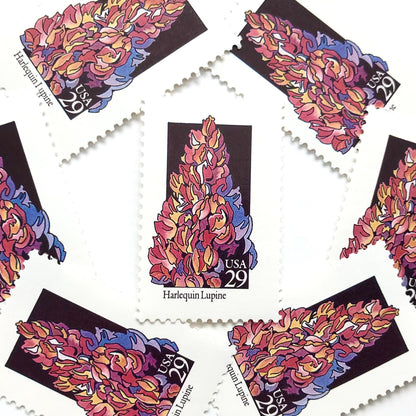 Image of 1992 American Wildflower Series “Harlequin Lupine” vintage USPS mail stamps. Scott #2664. Stamp Themes: Plants, Flowers, Wildflowers, Flora. Pink, Purple, Orange, Multicolored gummed postage stamp. Perfect postage stamp to use for save the date announcements, wedding invitation postage, bridal shower invitations, birth announcements, valentine’s day, thank you cards, and snail mail.