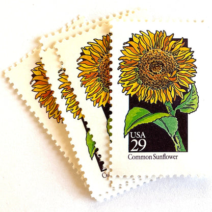 Image of 1992 American Wildflower Series “Common Sunflower” vintage USPS mail stamps. Scott #2666. Stamp Themes: Plants, Flowers, Wildflowers, Flora. Yellow, Orange, Green, Multicolored gummed postage stamp. Perfect postage stamp to use for save the date announcements, wedding invitation postage, bridal shower invitations, birth announcements, valentine’s day, thank you cards, and snail mail.