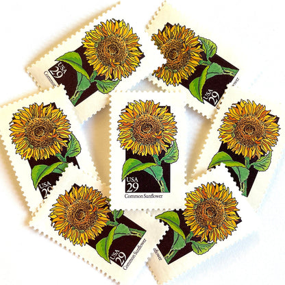 Image of 1992 American Wildflower Series “Common Sunflower” vintage USPS mail stamps. Scott #2666. Stamp Themes: Plants, Flowers, Wildflowers, Flora. Yellow, Orange, Green, Multicolored gummed postage stamp. Perfect postage stamp to use for save the date announcements, wedding invitation postage, bridal shower invitations, birth announcements, valentine’s day, thank you cards, and snail mail.