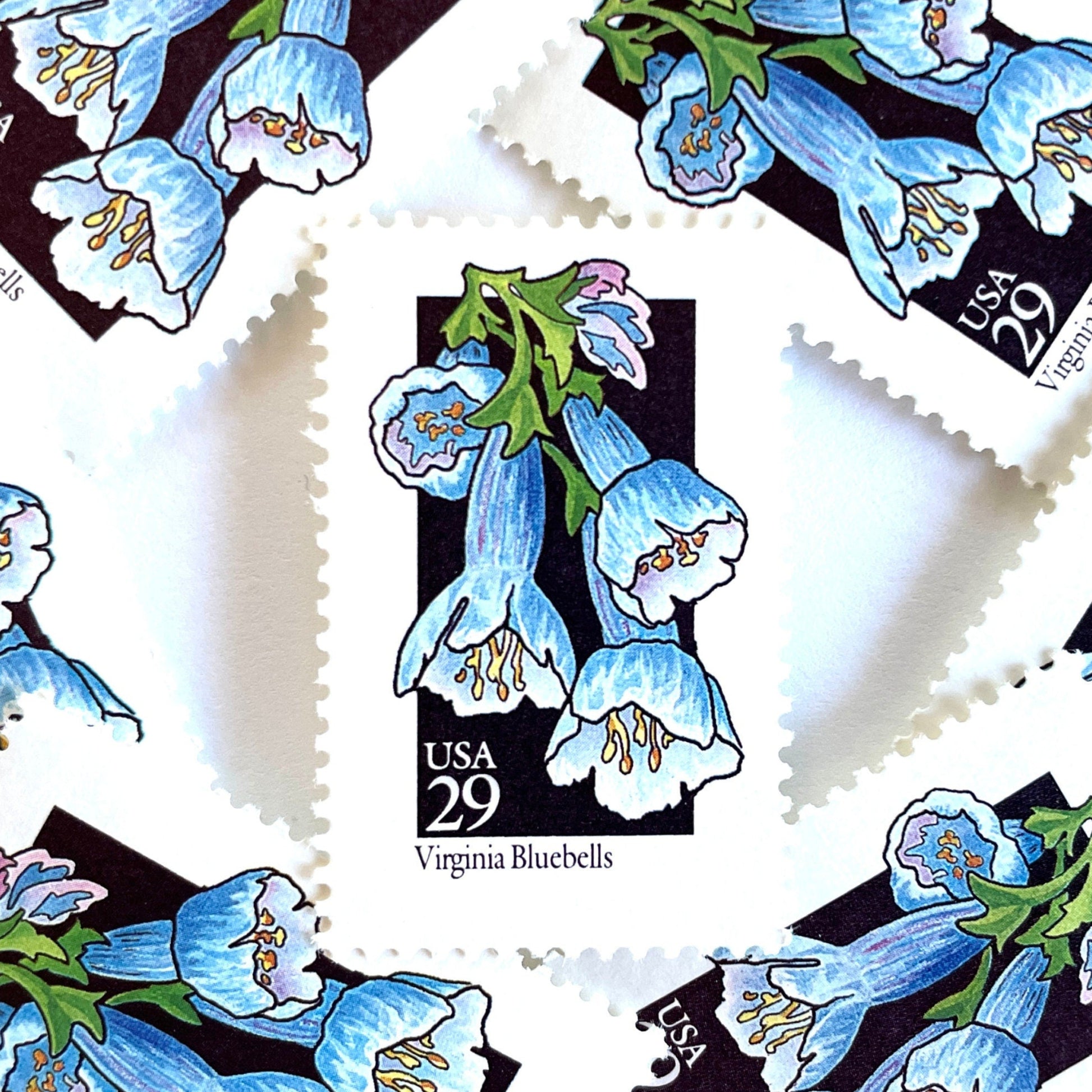 Image of 1992 American Wildflower Series “Virginia Bluebells” vintage USPS mail stamps. Scott #2668. Stamp Themes: Plants, Flowers, Wildflowers, Flora. Blue, Purple, Green, Multicolored gummed postage stamp. Perfect postage stamp to use for save the date announcements, wedding invitation postage, bridal shower invitations, birth announcements, valentine’s day, thank you cards, and snail mail.