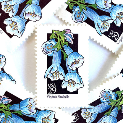 Image of 1992 American Wildflower Series “Virginia Bluebells” vintage USPS mail stamps. Scott #2668. Stamp Themes: Plants, Flowers, Wildflowers, Flora. Blue, Purple, Green, Multicolored gummed postage stamp. Perfect postage stamp to use for save the date announcements, wedding invitation postage, bridal shower invitations, birth announcements, valentine’s day, thank you cards, and snail mail.