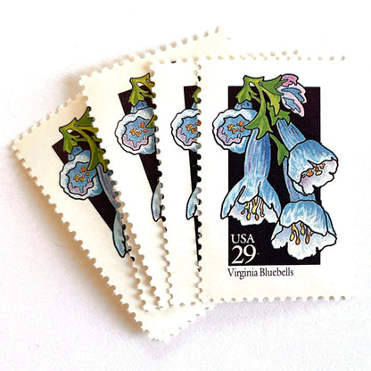 Image of 1992 American Wildflower Series “Virginia Bluebells” vintage USPS mail stamps. Scott #2668. Stamp Themes: Plants, Flowers, Wildflowers, Flora. Blue, Purple, Green, Multicolored gummed postage stamp. Perfect postage stamp to use for save the date announcements, wedding invitation postage, bridal shower invitations, birth announcements, valentine’s day, thank you cards, and snail mail.