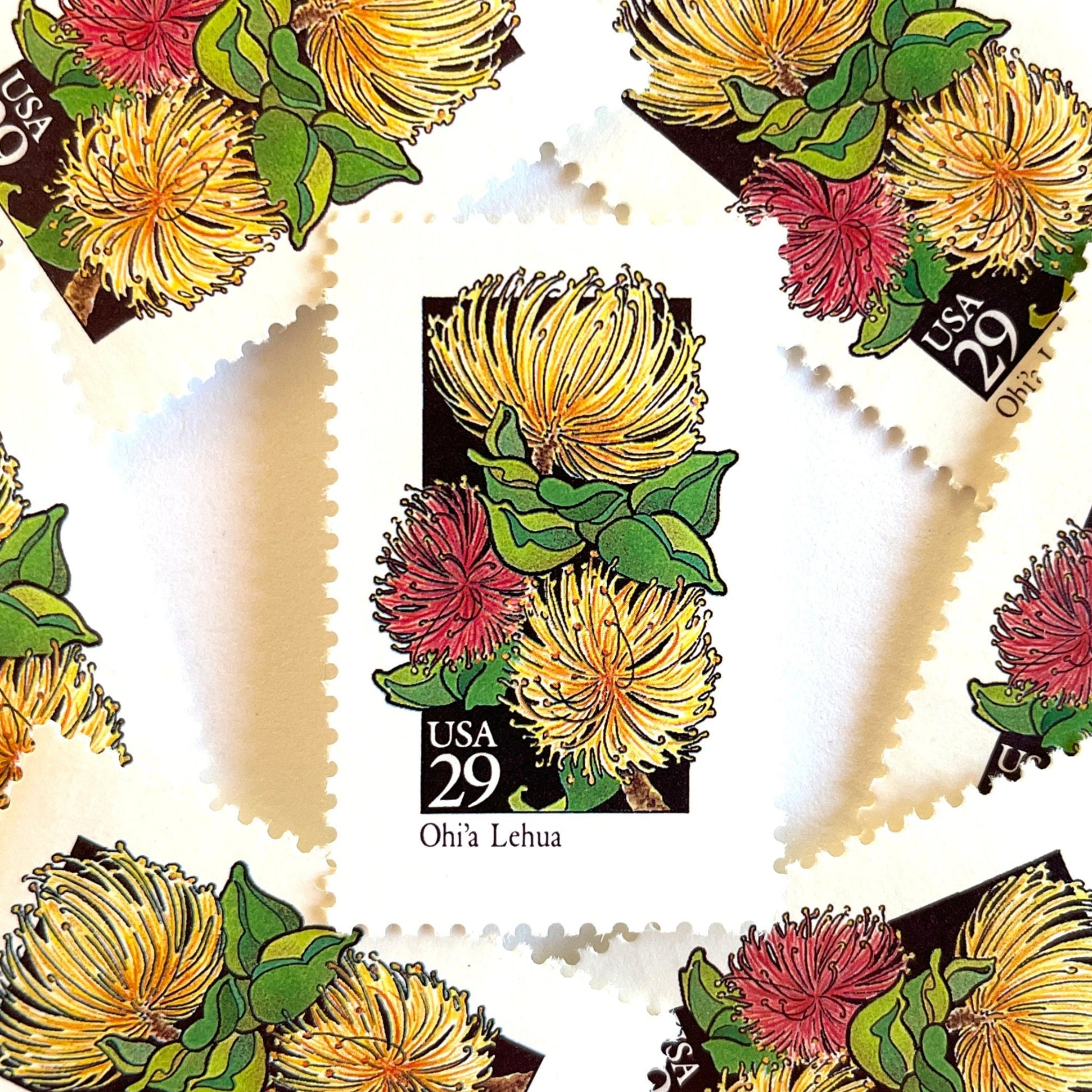 Image of 1992 American Wildflower Series “Ohi'a Lehua” vintage USPS mail stamps. Scott #2669. Stamp Themes: Plants, Flowers, Wildflowers, Flora. Yellow, Red, Green, Multicolored gummed postage stamp. Perfect postage stamp to use for save the date announcements, wedding invitation postage, bridal shower invitations, birth announcements, valentine’s day, thank you cards, and snail mail.