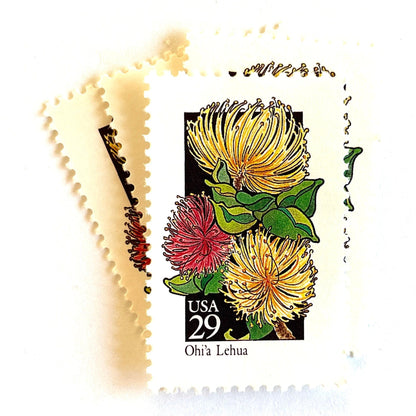 Image of 1992 American Wildflower Series “Ohi'a Lehua” vintage USPS mail stamps. Scott #2669. Stamp Themes: Plants, Flowers, Wildflowers, Flora. Yellow, Red, Green, Multicolored gummed postage stamp. Perfect postage stamp to use for save the date announcements, wedding invitation postage, bridal shower invitations, birth announcements, valentine’s day, thank you cards, and snail mail.