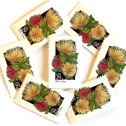 Image of 1992 American Wildflower Series “Ohi'a Lehua” vintage USPS mail stamps. Scott #2669. Stamp Themes: Plants, Flowers, Wildflowers, Flora. Yellow, Red, Green, Multicolored gummed postage stamp. Perfect postage stamp to use for save the date announcements, wedding invitation postage, bridal shower invitations, birth announcements, valentine’s day, thank you cards, and snail mail.