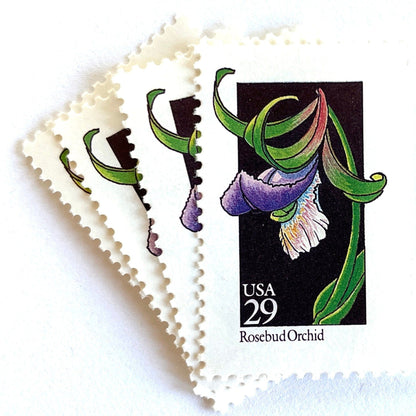 Image of 1992 American Wildflower Series “Rosebud Orchid” vintage USPS mail stamps. Scott #2670. Stamp Themes: Plants, Flowers, Wildflowers, Flora. Purple, Green, Black, Multicolored gummed postage stamp. Perfect postage stamp to use for save the date announcements, wedding invitation postage, bridal shower invitations, birth announcements, valentine’s day, thank you cards, and snail mail.