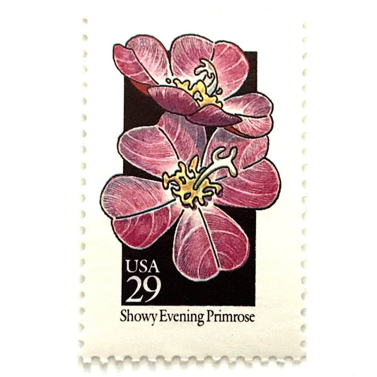 Image of 1992 American Wildflower Series “Showy Evening Primrose” vintage USPS mail stamps. Scott #2671. Stamp Themes: Plants, Flowers, Wildflowers, Flora. Pink, Yellow, Black, Multicolored gummed postage stamp. Perfect postage stamp to use for save the date announcements, wedding invitation postage, bridal shower invitations, birth announcements, valentine’s day, thank you cards, and snail mail.