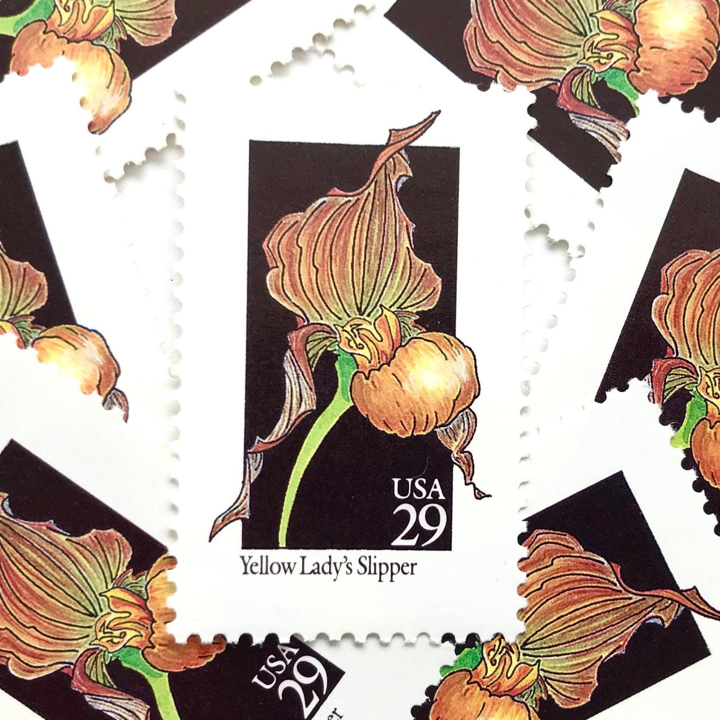 Image of 1992 American Wildflower Series “Yellow Lady's Slipper” vintage USPS mail stamps. Scott #2673. Stamp Themes: Plants, Flowers, Wildflowers, Flora. Yellow, Orange, Green, Multicolored gummed postage stamp. Perfect postage stamp to use for save the date announcements, wedding invitation postage, bridal shower invitations, birth announcements, valentine’s day, thank you cards, and snail mail.