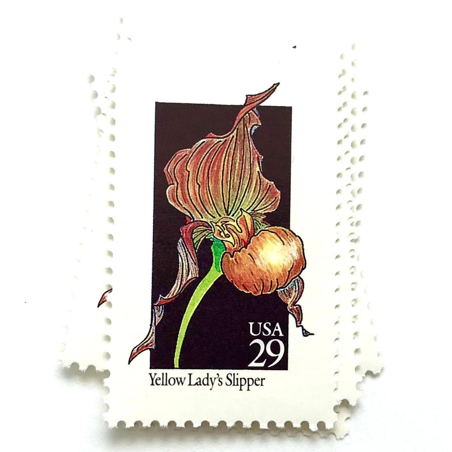 Image of 1992 American Wildflower Series “Yellow Lady's Slipper” vintage USPS mail stamps. Scott #2673. Stamp Themes: Plants, Flowers, Wildflowers, Flora. Yellow, Orange, Green, Multicolored gummed postage stamp. Perfect postage stamp to use for save the date announcements, wedding invitation postage, bridal shower invitations, birth announcements, valentine’s day, thank you cards, and snail mail.