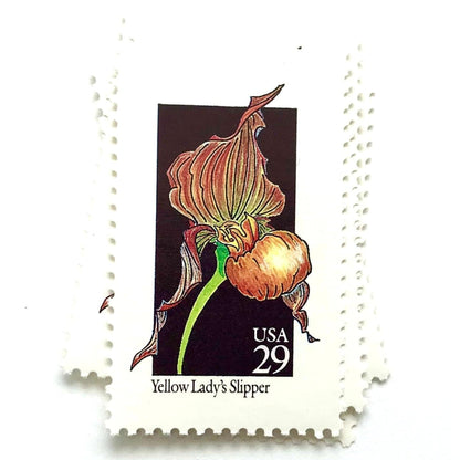 Image of 1992 American Wildflower Series “Yellow Lady's Slipper” vintage USPS mail stamps. Scott #2673. Stamp Themes: Plants, Flowers, Wildflowers, Flora. Yellow, Orange, Green, Multicolored gummed postage stamp. Perfect postage stamp to use for save the date announcements, wedding invitation postage, bridal shower invitations, birth announcements, valentine’s day, thank you cards, and snail mail.