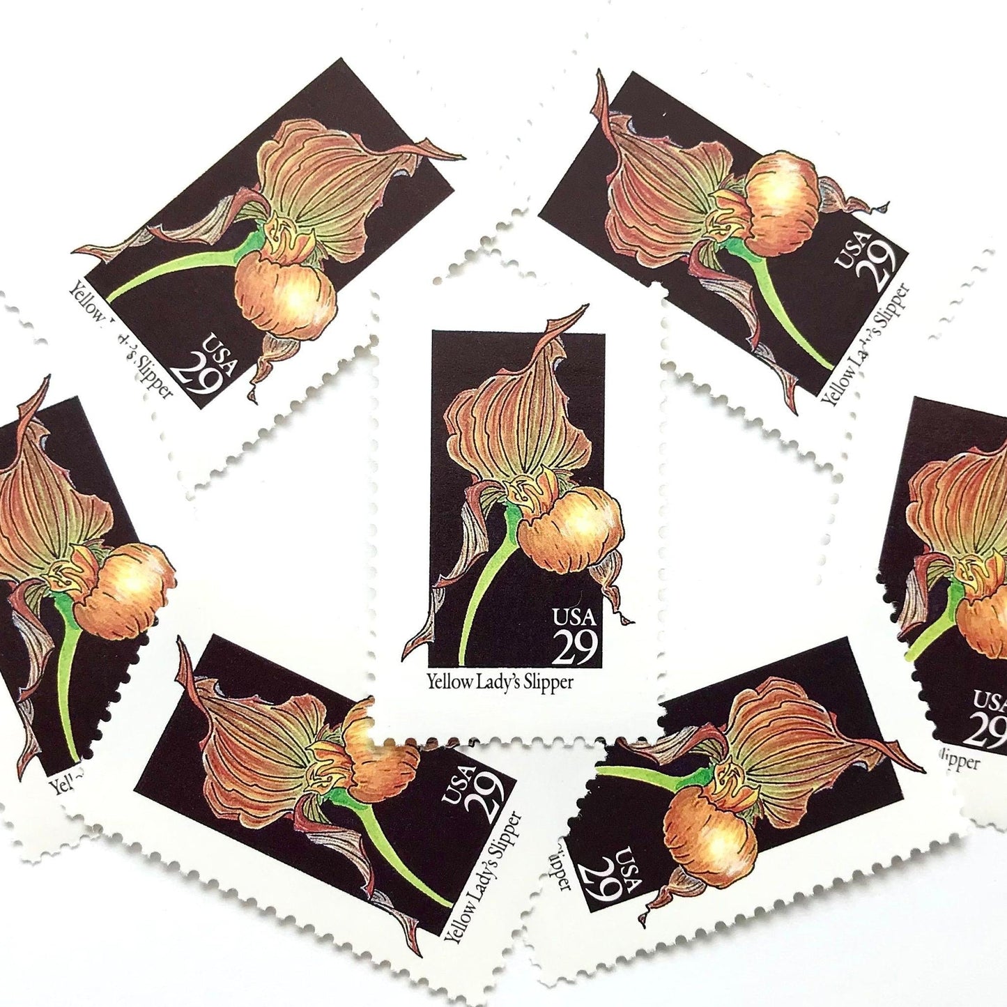 Image of 1992 American Wildflower Series “Yellow Lady's Slipper” vintage USPS mail stamps. Scott #2673. Stamp Themes: Plants, Flowers, Wildflowers, Flora. Yellow, Orange, Green, Multicolored gummed postage stamp. Perfect postage stamp to use for save the date announcements, wedding invitation postage, bridal shower invitations, birth announcements, valentine’s day, thank you cards, and snail mail.