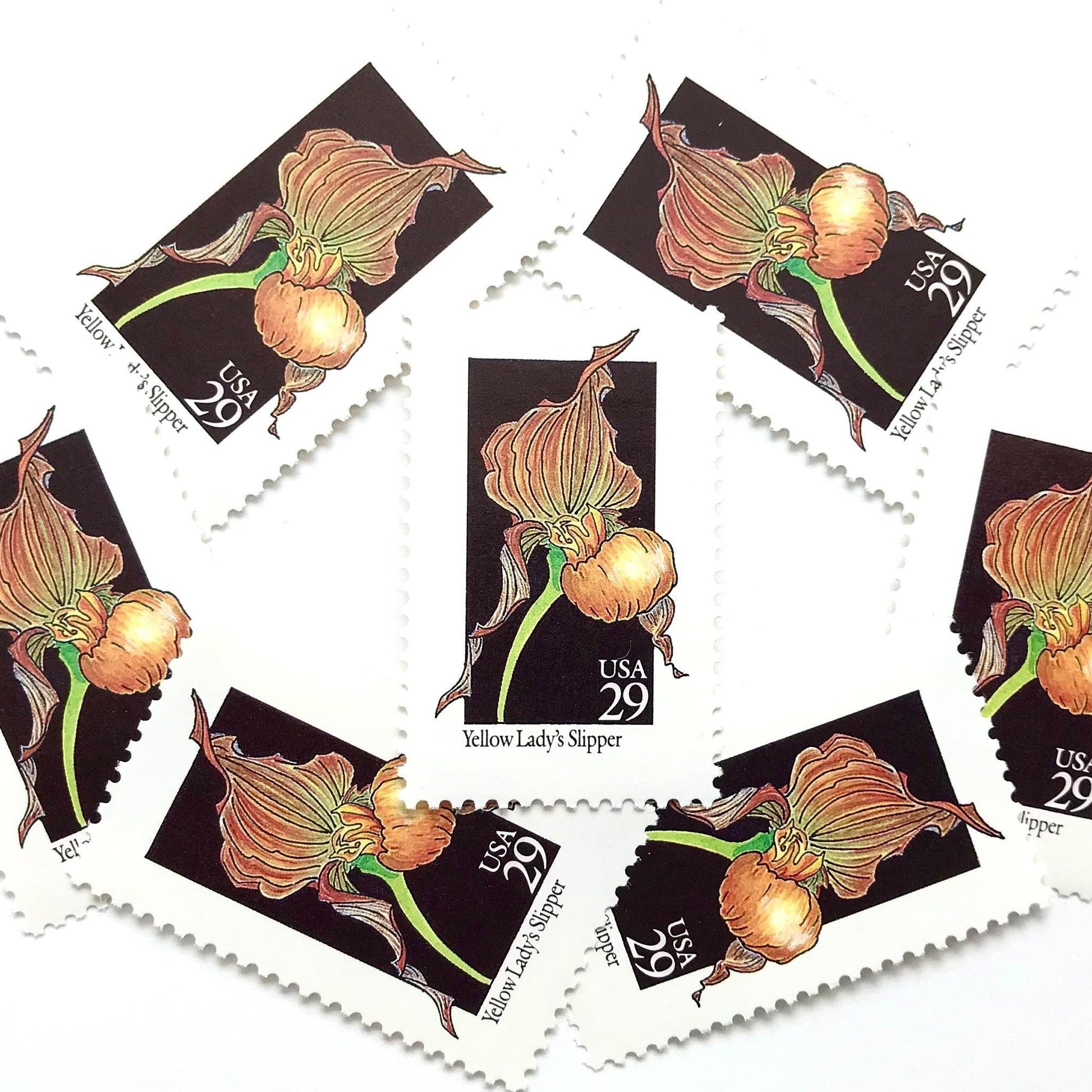 Image of 1992 American Wildflower Series “Yellow Lady's Slipper” vintage USPS mail stamps. Scott #2673. Stamp Themes: Plants, Flowers, Wildflowers, Flora. Yellow, Orange, Green, Multicolored gummed postage stamp. Perfect postage stamp to use for save the date announcements, wedding invitation postage, bridal shower invitations, birth announcements, valentine’s day, thank you cards, and snail mail.