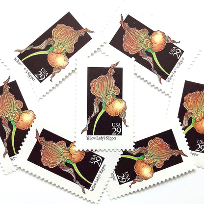 Image of 1992 American Wildflower Series “Yellow Lady's Slipper” vintage USPS mail stamps. Scott #2673. Stamp Themes: Plants, Flowers, Wildflowers, Flora. Yellow, Orange, Green, Multicolored gummed postage stamp. Perfect postage stamp to use for save the date announcements, wedding invitation postage, bridal shower invitations, birth announcements, valentine’s day, thank you cards, and snail mail.