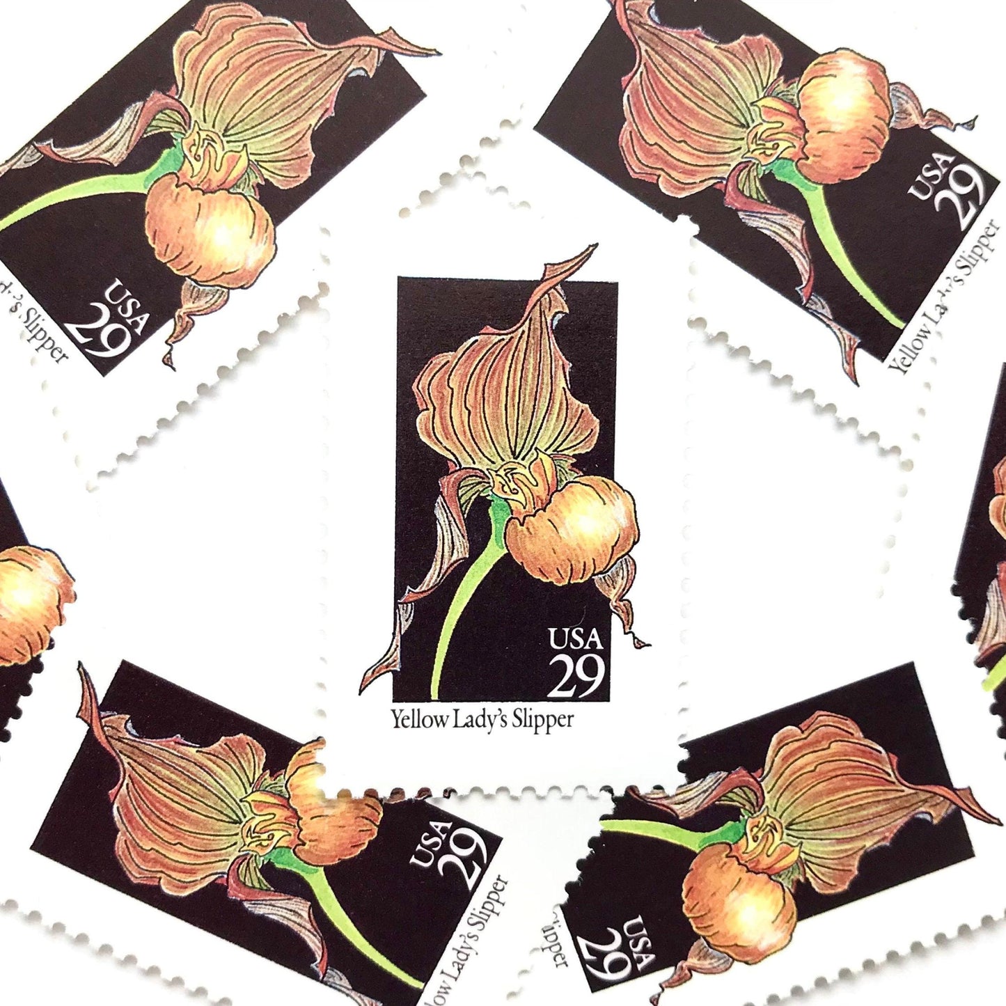 Image of 1992 American Wildflower Series “Yellow Lady's Slipper” vintage USPS mail stamps. Scott #2673. Stamp Themes: Plants, Flowers, Wildflowers, Flora. Yellow, Orange, Green, Multicolored gummed postage stamp. Perfect postage stamp to use for save the date announcements, wedding invitation postage, bridal shower invitations, birth announcements, valentine’s day, thank you cards, and snail mail.