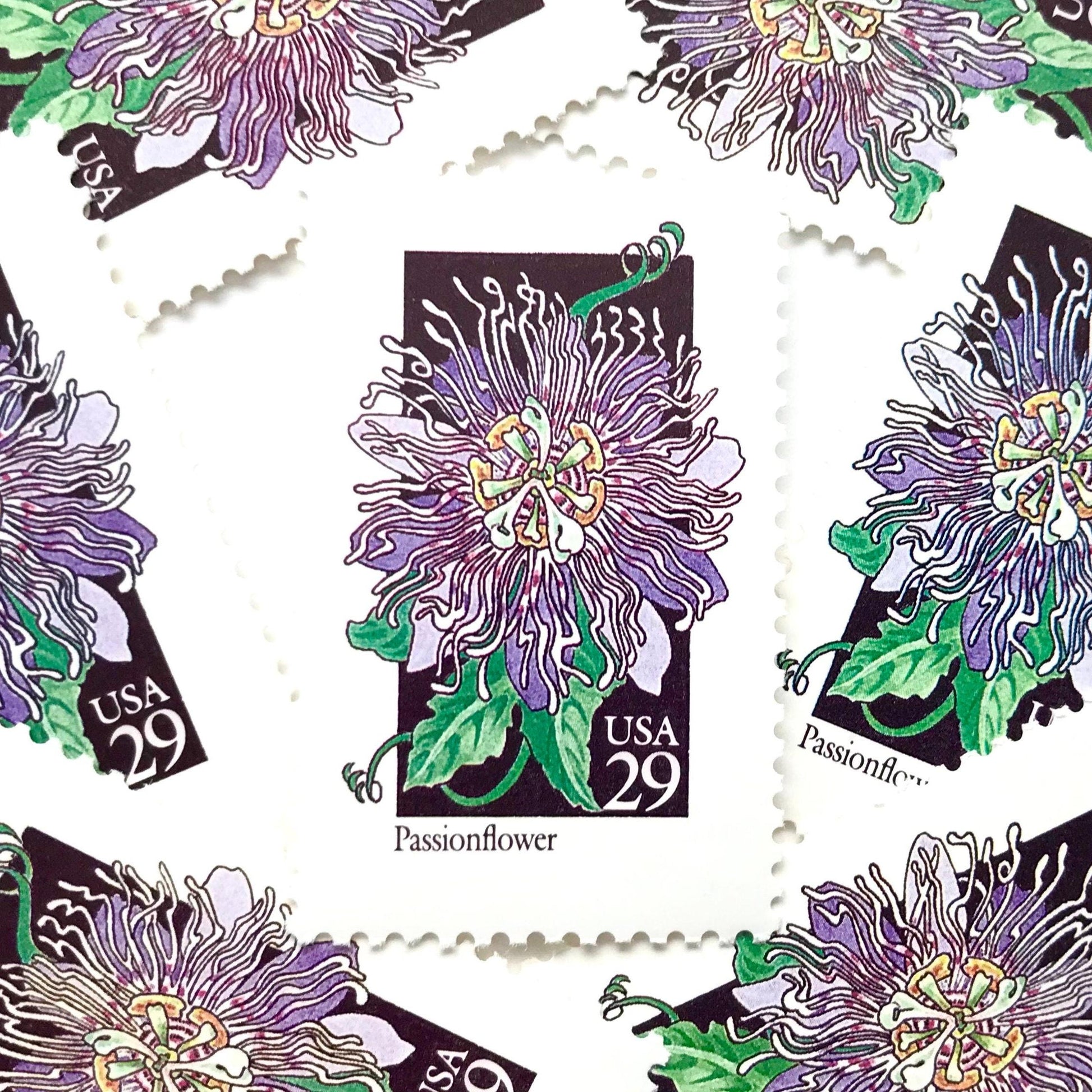 Image of 1992 American Wildflower Series “Passionflower” vintage USPS mail stamps. Scott #2674. Stamp Themes: Plants, Flowers, Wildflowers, Flora. Purple, Green, Black, Multicolored gummed postage stamp. Perfect postage stamp to use for save the date announcements, wedding invitation postage, bridal shower invitations, birth announcements, valentine’s day, thank you cards, and snail mail.