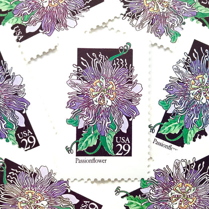 Image of 1992 American Wildflower Series “Passionflower” vintage USPS mail stamps. Scott #2674. Stamp Themes: Plants, Flowers, Wildflowers, Flora. Purple, Green, Black, Multicolored gummed postage stamp. Perfect postage stamp to use for save the date announcements, wedding invitation postage, bridal shower invitations, birth announcements, valentine’s day, thank you cards, and snail mail.