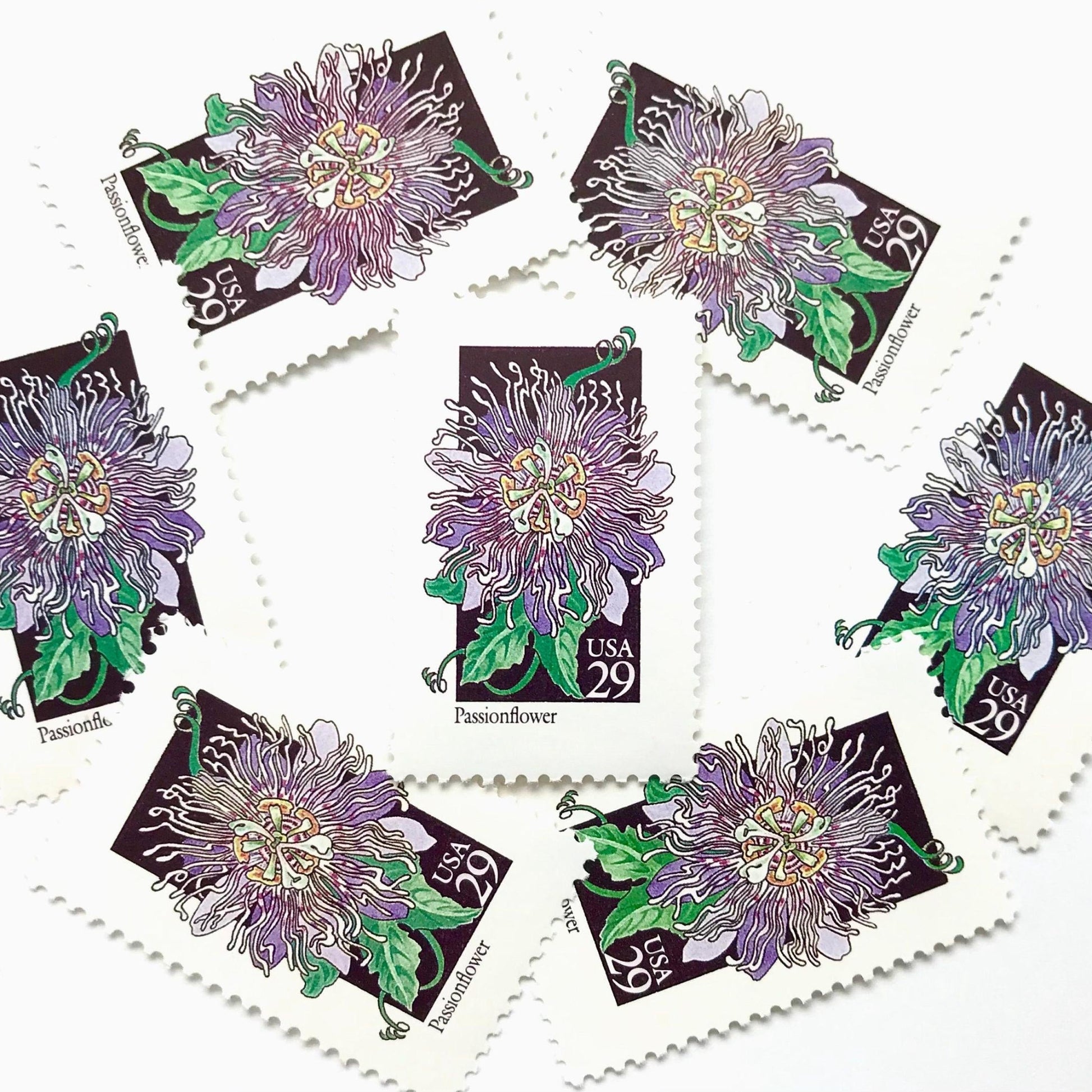 Image of 1992 American Wildflower Series “Passionflower” vintage USPS mail stamps. Scott #2674. Stamp Themes: Plants, Flowers, Wildflowers, Flora. Purple, Green, Black, Multicolored gummed postage stamp. Perfect postage stamp to use for save the date announcements, wedding invitation postage, bridal shower invitations, birth announcements, valentine’s day, thank you cards, and snail mail.