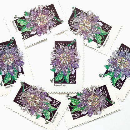 Image of 1992 American Wildflower Series “Passionflower” vintage USPS mail stamps. Scott #2674. Stamp Themes: Plants, Flowers, Wildflowers, Flora. Purple, Green, Black, Multicolored gummed postage stamp. Perfect postage stamp to use for save the date announcements, wedding invitation postage, bridal shower invitations, birth announcements, valentine’s day, thank you cards, and snail mail.
