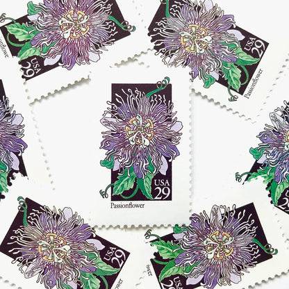 Image of 1992 American Wildflower Series “Passionflower” vintage USPS mail stamps. Scott #2674. Stamp Themes: Plants, Flowers, Wildflowers, Flora. Purple, Green, Black, Multicolored gummed postage stamp. Perfect postage stamp to use for save the date announcements, wedding invitation postage, bridal shower invitations, birth announcements, valentine’s day, thank you cards, and snail mail.