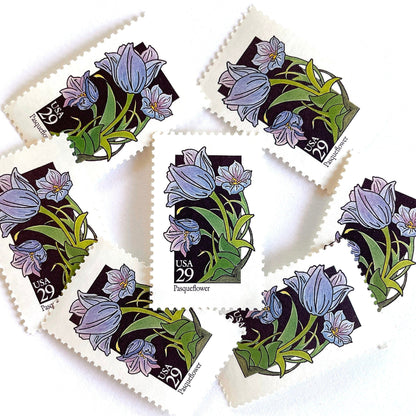 Image of 1992 American Wildflower Series “Pasqueflower” vintage USPS mail stamps. Scott #2676. Stamp Themes: Plants, Flowers, Wildflowers, Flora. Purple, Blue, Green, Multicolored gummed postage stamp. Perfect postage stamp to use for save the date announcements, wedding invitation postage, bridal shower invitations, birth announcements, valentine’s day, thank you cards, and snail mail.