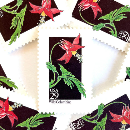 Image of 1992 American Wildflower Series “Wild Columbine” vintage USPS mail stamps. Scott #2678. Stamp Themes: Plants, Flowers, Wildflowers, Flora. Red, Green, Yellow, Multicolored gummed postage stamp. Perfect postage stamp to use for save the date announcements, wedding invitation postage, bridal shower invitations, birth announcements, valentine’s day, thank you cards, and snail mail.