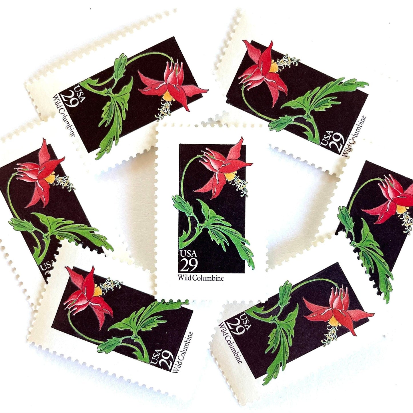 Image of 1992 American Wildflower Series “Wild Columbine” vintage USPS mail stamps. Scott #2678. Stamp Themes: Plants, Flowers, Wildflowers, Flora. Red, Green, Yellow, Multicolored gummed postage stamp. Perfect postage stamp to use for save the date announcements, wedding invitation postage, bridal shower invitations, birth announcements, valentine’s day, thank you cards, and snail mail.