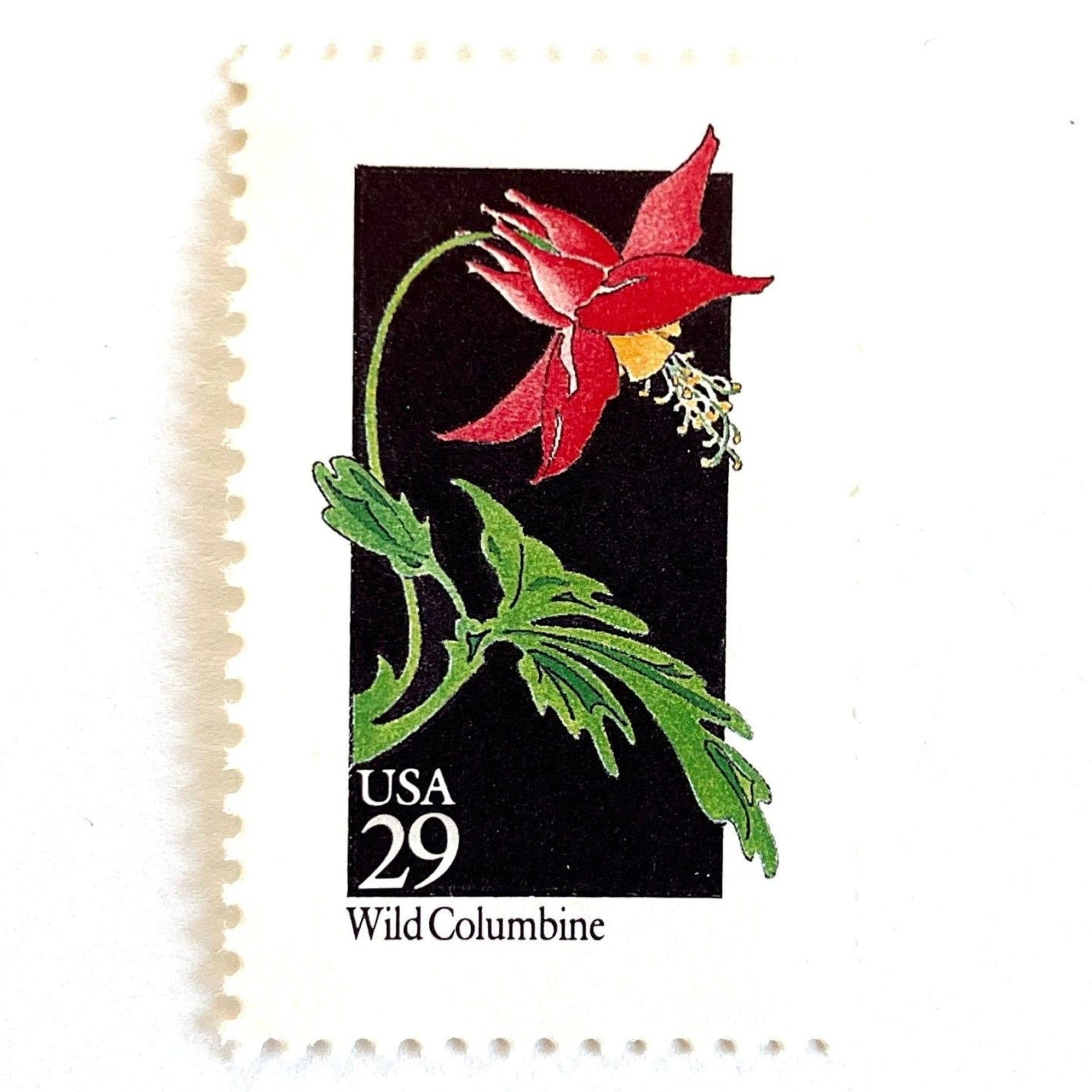 Image of 1992 American Wildflower Series “Wild Columbine” vintage USPS mail stamps. Scott #2678. Stamp Themes: Plants, Flowers, Wildflowers, Flora. Red, Green, Yellow, Multicolored gummed postage stamp. Perfect postage stamp to use for save the date announcements, wedding invitation postage, bridal shower invitations, birth announcements, valentine’s day, thank you cards, and snail mail.