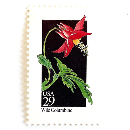 Image of 1992 American Wildflower Series “Wild Columbine” vintage USPS mail stamps. Scott #2678. Stamp Themes: Plants, Flowers, Wildflowers, Flora. Red, Green, Yellow, Multicolored gummed postage stamp. Perfect postage stamp to use for save the date announcements, wedding invitation postage, bridal shower invitations, birth announcements, valentine’s day, thank you cards, and snail mail.