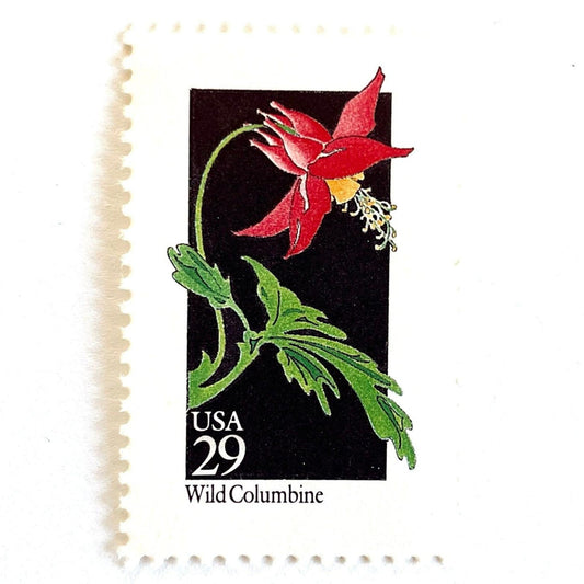 Image of 1992 American Wildflower Series “Wild Columbine” vintage USPS mail stamps. Scott #2678. Stamp Themes: Plants, Flowers, Wildflowers, Flora. Red, Green, Yellow, Multicolored gummed postage stamp. Perfect postage stamp to use for save the date announcements, wedding invitation postage, bridal shower invitations, birth announcements, valentine’s day, thank you cards, and snail mail.