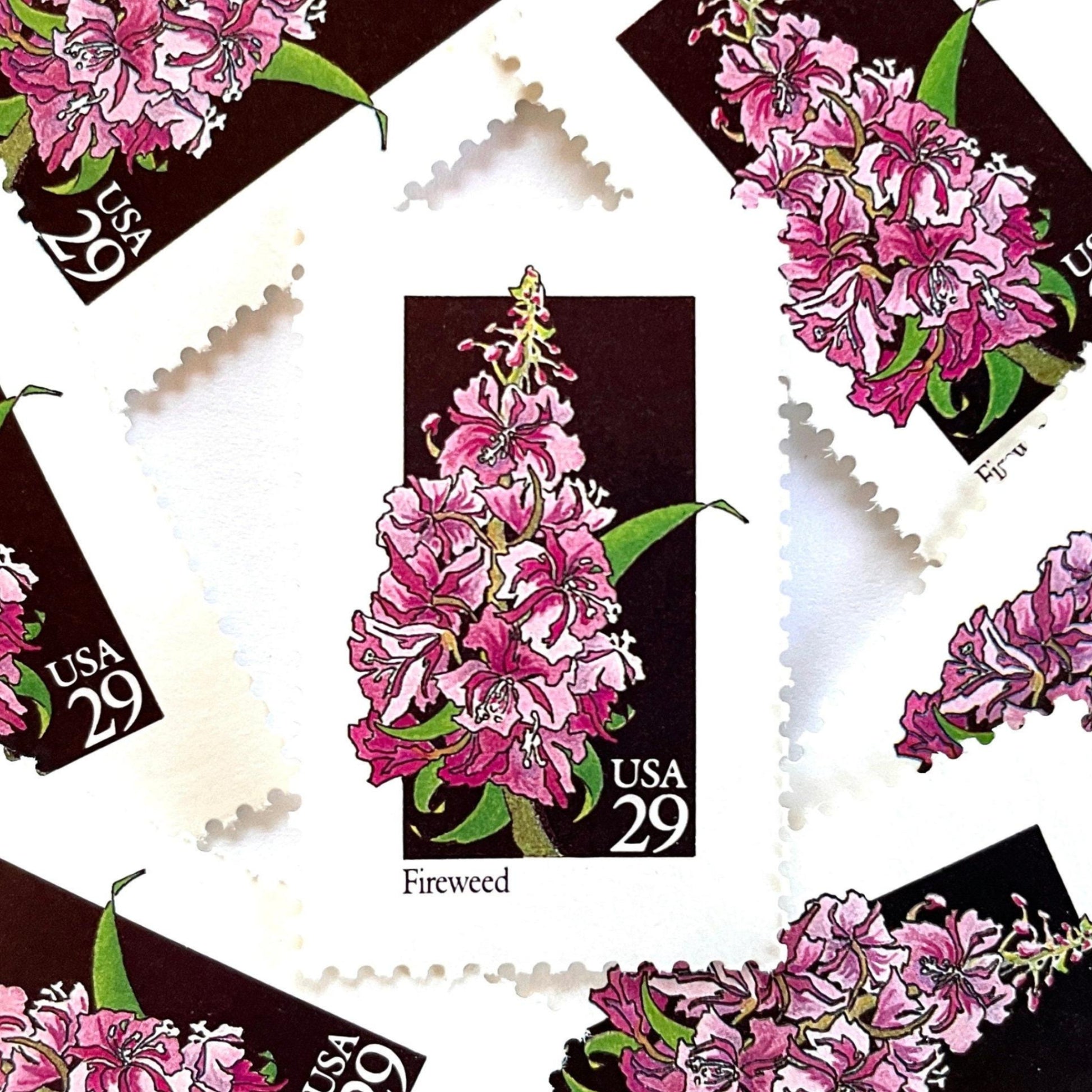 Image of 1992 American Wildflower Series “Fireweed” vintage USPS mail stamps. Scott #2679. Stamp Themes: Plants, Flowers, Wildflowers, Flora. Pink, Purple, Green, Multicolored gummed postage stamp. Perfect postage stamp to use for save the date announcements, wedding invitation postage, bridal shower invitations, birth announcements, valentine’s day, thank you cards, and snail mail.
