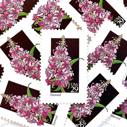 Image of 1992 American Wildflower Series “Fireweed” vintage USPS mail stamps. Scott #2679. Stamp Themes: Plants, Flowers, Wildflowers, Flora. Pink, Purple, Green, Multicolored gummed postage stamp. Perfect postage stamp to use for save the date announcements, wedding invitation postage, bridal shower invitations, birth announcements, valentine’s day, thank you cards, and snail mail.