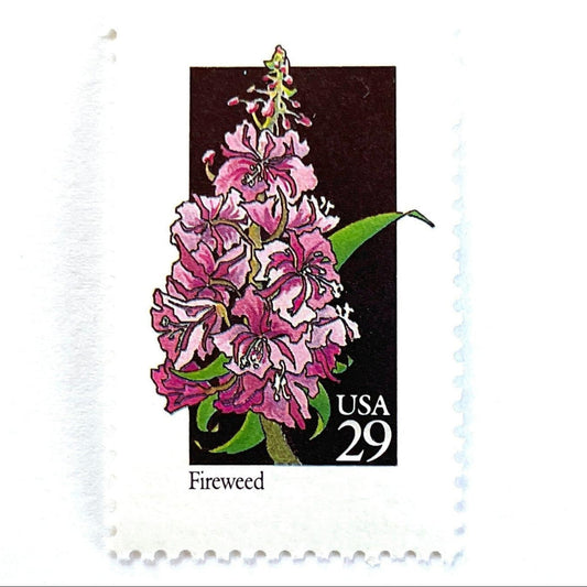Image of 1992 American Wildflower Series “Fireweed” vintage USPS mail stamps. Scott #2679. Stamp Themes: Plants, Flowers, Wildflowers, Flora. Pink, Purple, Green, Multicolored gummed postage stamp. Perfect postage stamp to use for save the date announcements, wedding invitation postage, bridal shower invitations, birth announcements, valentine’s day, thank you cards, and snail mail.