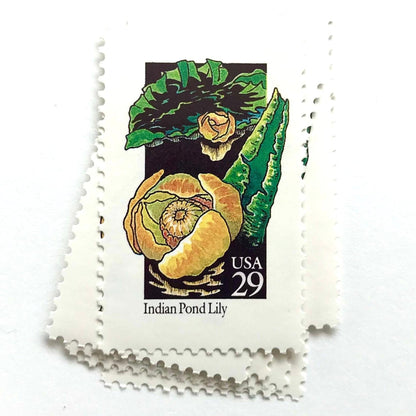 Image of 1992 American Wildflower Series “Indian Pond Lily” vintage USPS mail stamps. Scott #2680. Stamp Themes: Plants, Flowers, Wildflowers, Flora. Yellow, Orange, Green, Multicolored gummed postage stamp. Perfect postage stamp to use for save the date announcements, wedding invitation postage, bridal shower invitations, birth announcements, valentine’s day, thank you cards, and snail mail.