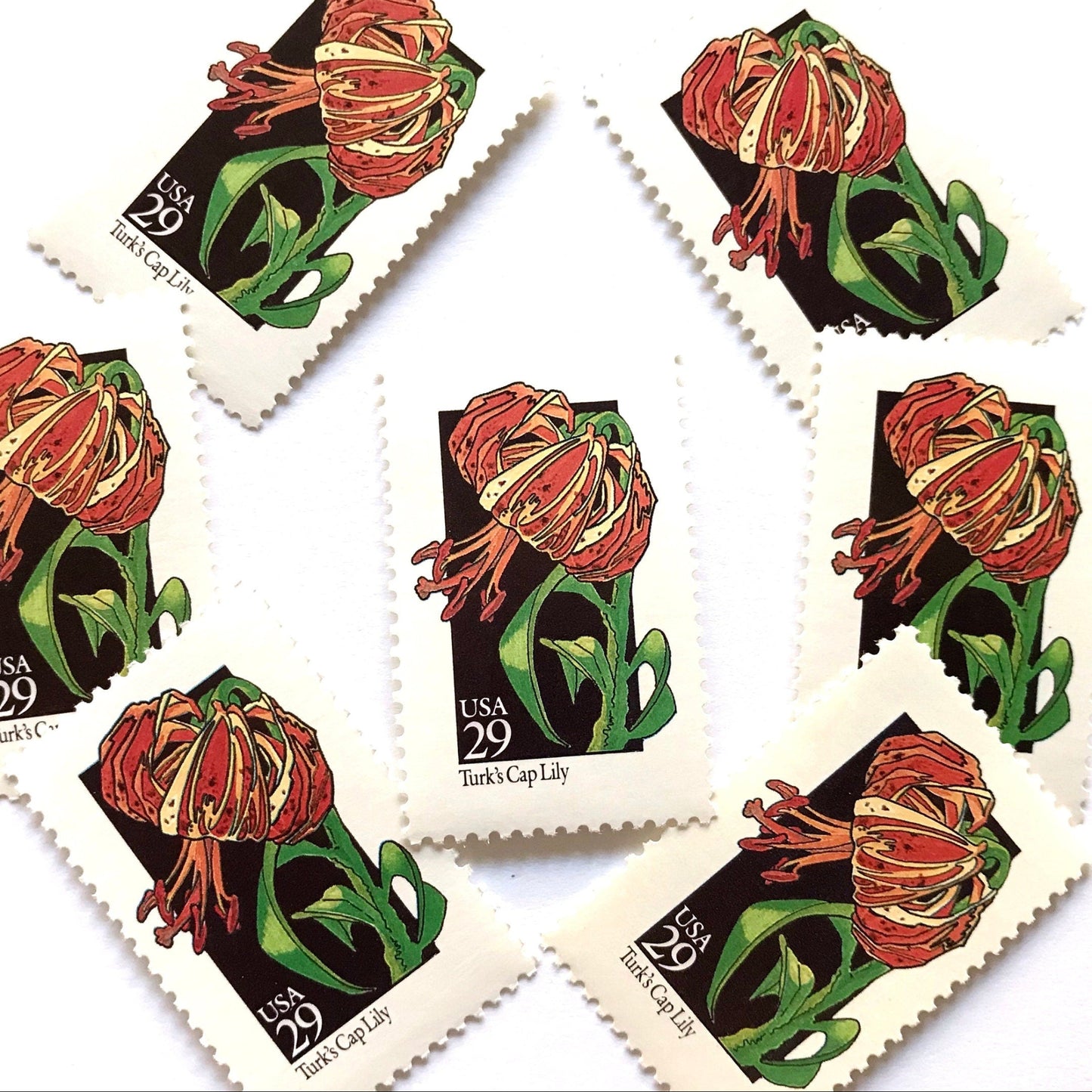 Image of 1992 American Wildflower Series “Turk's Cap Lily” vintage USPS mail stamps. Scott #2681. Stamp Themes: Plants, Flowers, Wildflowers, Flora. Red, Orange, Green, Multicolored gummed postage stamp. Perfect postage stamp to use for save the date announcements, wedding invitation postage, bridal shower invitations, birth announcements, valentine’s day, thank you cards, and snail mail.