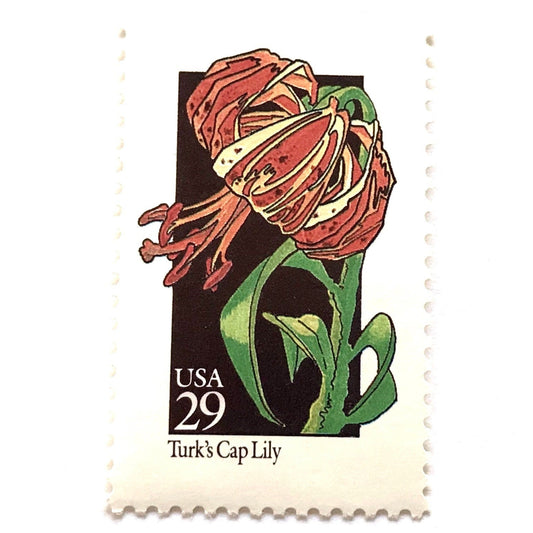 Image of 1992 American Wildflower Series “Turk's Cap Lily” vintage USPS mail stamps. Scott #2681. Stamp Themes: Plants, Flowers, Wildflowers, Flora. Red, Orange, Green, Multicolored gummed postage stamp. Perfect postage stamp to use for save the date announcements, wedding invitation postage, bridal shower invitations, birth announcements, valentine’s day, thank you cards, and snail mail.