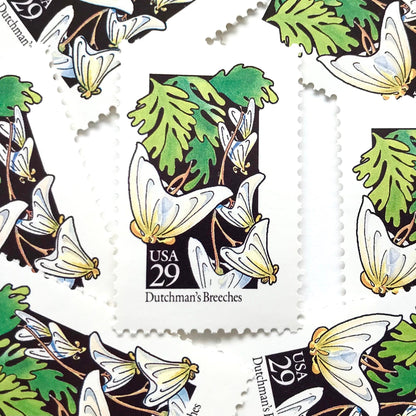 Image of 1992 American Wildflower Series “Dutchman's Breeches” vintage USPS mail stamps. Scott #2682. Stamp Themes: Plants, Flowers, Wildflowers, Flora. White, Green, Yellow, Multicolored gummed postage stamp. Perfect postage stamp to use for save the date announcements, wedding invitation postage, bridal shower invitations, birth announcements, valentine’s day, thank you cards, and snail mail.