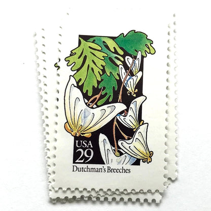 Image of 1992 American Wildflower Series “Dutchman's Breeches” vintage USPS mail stamps. Scott #2682. Stamp Themes: Plants, Flowers, Wildflowers, Flora. White, Green, Yellow, Multicolored gummed postage stamp. Perfect postage stamp to use for save the date announcements, wedding invitation postage, bridal shower invitations, birth announcements, valentine’s day, thank you cards, and snail mail.