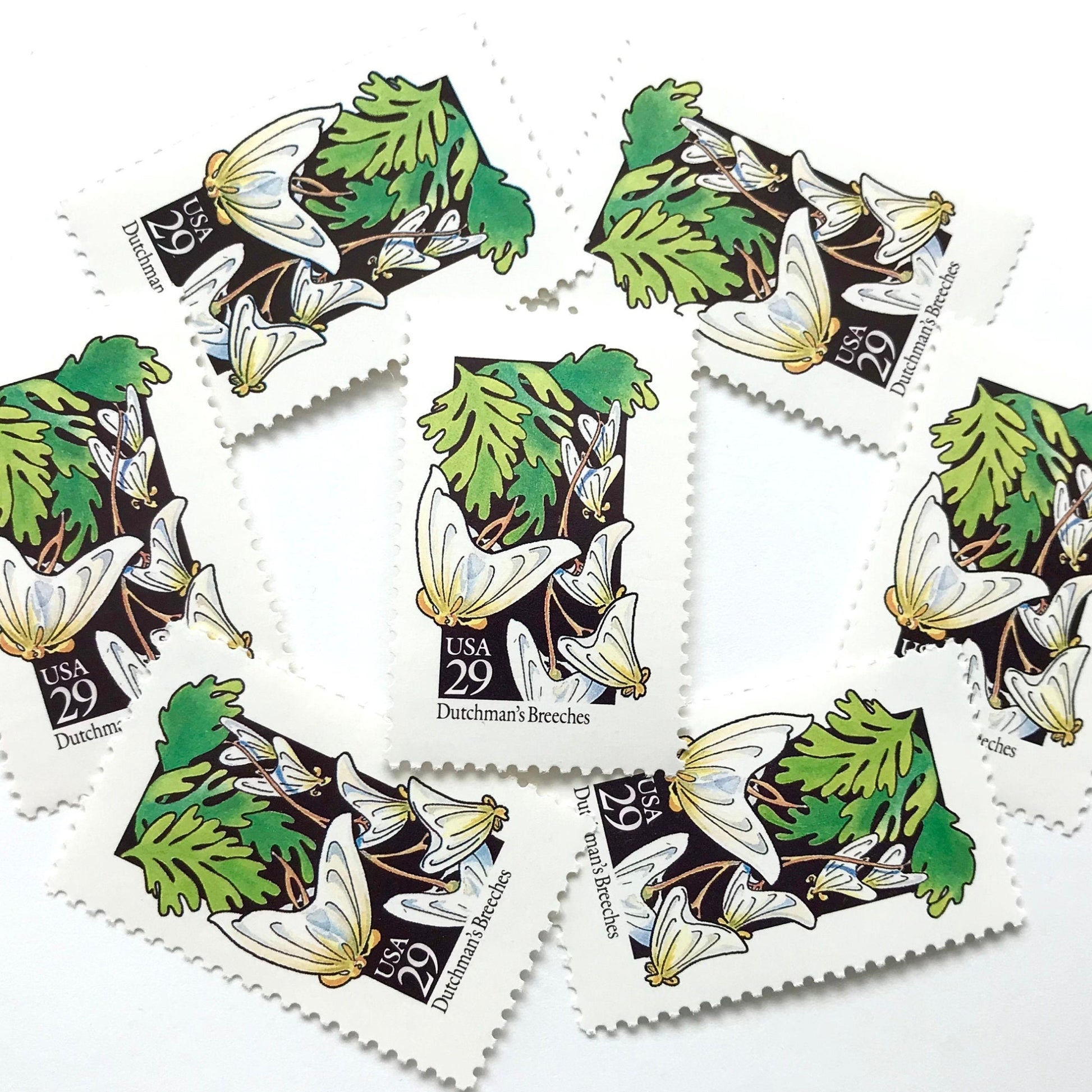 Image of 1992 American Wildflower Series “Dutchman's Breeches” vintage USPS mail stamps. Scott #2682. Stamp Themes: Plants, Flowers, Wildflowers, Flora. White, Green, Yellow, Multicolored gummed postage stamp. Perfect postage stamp to use for save the date announcements, wedding invitation postage, bridal shower invitations, birth announcements, valentine’s day, thank you cards, and snail mail.