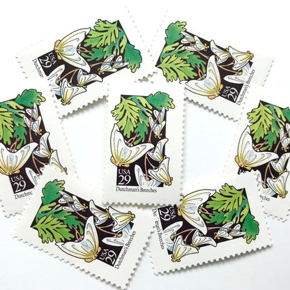 Image of 1992 American Wildflower Series “Dutchman's Breeches” vintage USPS mail stamps. Scott #2682. Stamp Themes: Plants, Flowers, Wildflowers, Flora. White, Green, Yellow, Multicolored gummed postage stamp. Perfect postage stamp to use for save the date announcements, wedding invitation postage, bridal shower invitations, birth announcements, valentine’s day, thank you cards, and snail mail.