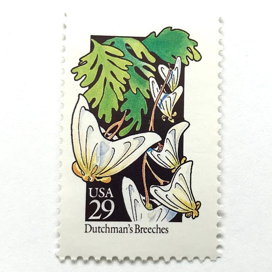 Image of 1992 American Wildflower Series “Dutchman's Breeches” vintage USPS mail stamps. Scott #2682. Stamp Themes: Plants, Flowers, Wildflowers, Flora. White, Green, Yellow, Multicolored gummed postage stamp. Perfect postage stamp to use for save the date announcements, wedding invitation postage, bridal shower invitations, birth announcements, valentine’s day, thank you cards, and snail mail.