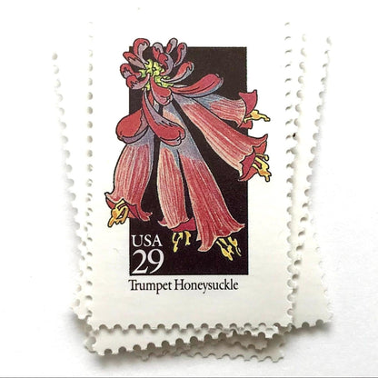 Image of 1992 American Wildflower Series “Trumpet Honeysuckle” vintage USPS mail stamps. Scott #2683. Stamp Themes: Plants, Flowers, Wildflowers, Flora. Red, Pink, Purple, Multicolored gummed postage stamp. Perfect postage stamp to use for save the date announcements, wedding invitation postage, bridal shower invitations, birth announcements, valentine’s day, thank you cards, and snail mail.