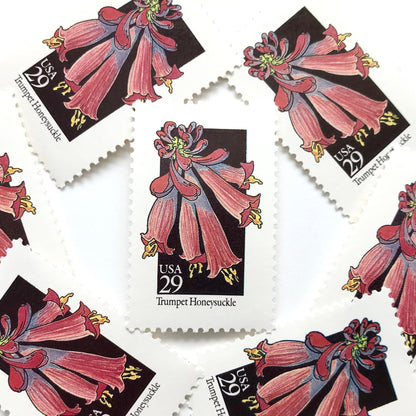 Image of 1992 American Wildflower Series “Trumpet Honeysuckle” vintage USPS mail stamps. Scott #2683. Stamp Themes: Plants, Flowers, Wildflowers, Flora. Red, Pink, Purple, Multicolored gummed postage stamp. Perfect postage stamp to use for save the date announcements, wedding invitation postage, bridal shower invitations, birth announcements, valentine’s day, thank you cards, and snail mail.