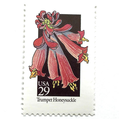 Image of 1992 American Wildflower Series “Trumpet Honeysuckle” vintage USPS mail stamps. Scott #2683. Stamp Themes: Plants, Flowers, Wildflowers, Flora. Red, Pink, Purple, Multicolored gummed postage stamp. Perfect postage stamp to use for save the date announcements, wedding invitation postage, bridal shower invitations, birth announcements, valentine’s day, thank you cards, and snail mail.