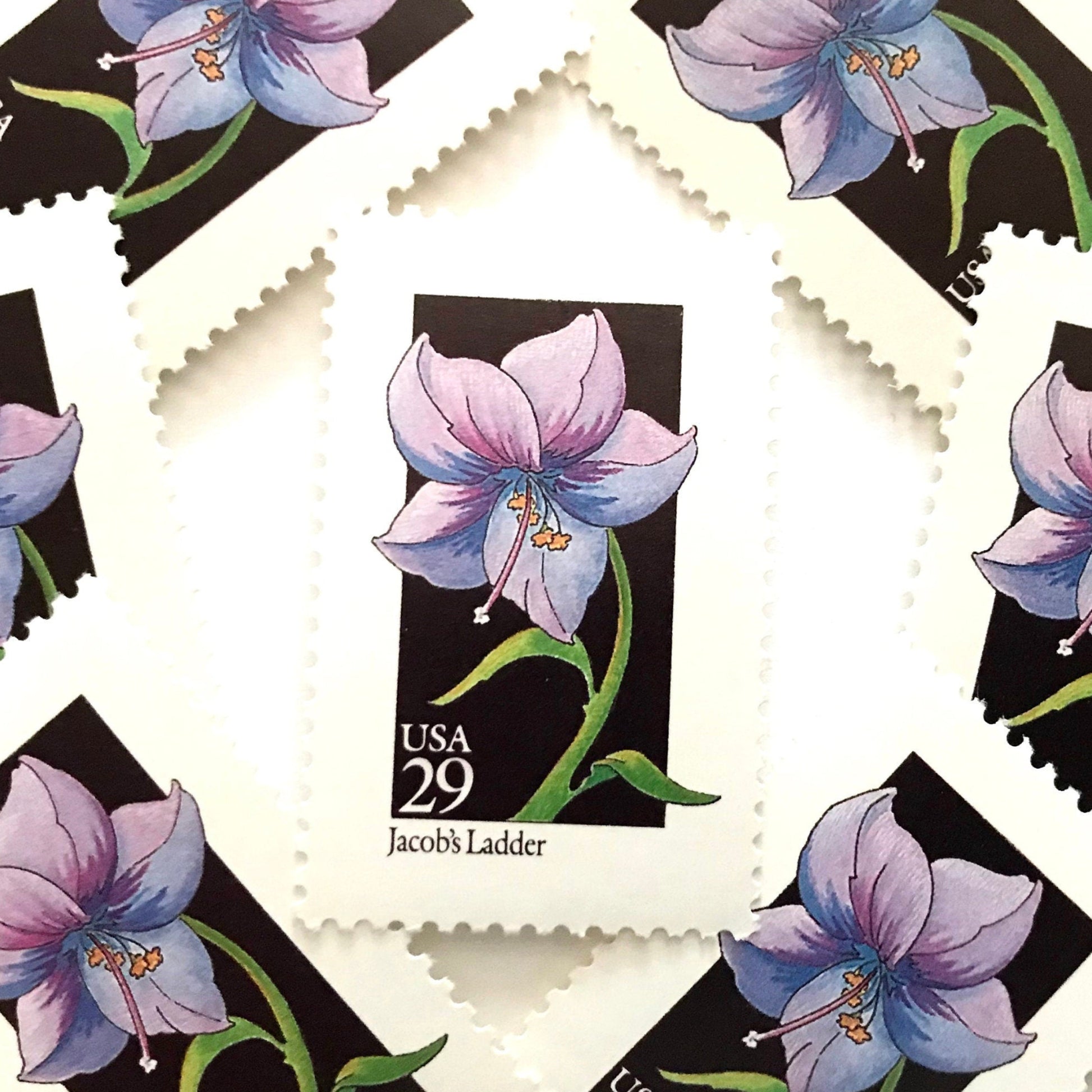 Image of 1992 American Wildflower Series “Jacob's Ladder” vintage USPS mail stamps. Scott #2684. Stamp Themes: Plants, Flowers, Wildflowers, Flora. Purple, Blue, Green, Multicolored gummed postage stamp. Perfect postage stamp to use for save the date announcements, wedding invitation postage, bridal shower invitations, birth announcements, valentine’s day, thank you cards, and snail mail.