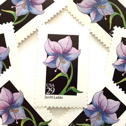 Image of 1992 American Wildflower Series “Jacob's Ladder” vintage USPS mail stamps. Scott #2684. Stamp Themes: Plants, Flowers, Wildflowers, Flora. Purple, Blue, Green, Multicolored gummed postage stamp. Perfect postage stamp to use for save the date announcements, wedding invitation postage, bridal shower invitations, birth announcements, valentine’s day, thank you cards, and snail mail.