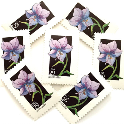 Image of 1992 American Wildflower Series “Jacob's Ladder” vintage USPS mail stamps. Scott #2684. Stamp Themes: Plants, Flowers, Wildflowers, Flora. Purple, Blue, Green, Multicolored gummed postage stamp. Perfect postage stamp to use for save the date announcements, wedding invitation postage, bridal shower invitations, birth announcements, valentine’s day, thank you cards, and snail mail.